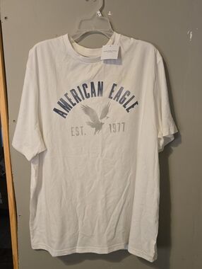 American Eagle Outfitters White T-Shirt with Blue and Gray Logo